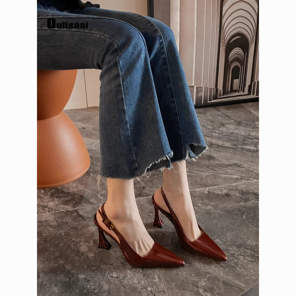 Shallow square toe hollow patent leather high heels