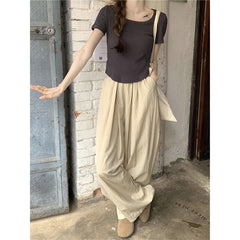 Pleated summer cool straight casual floor-length wide-leg trousers