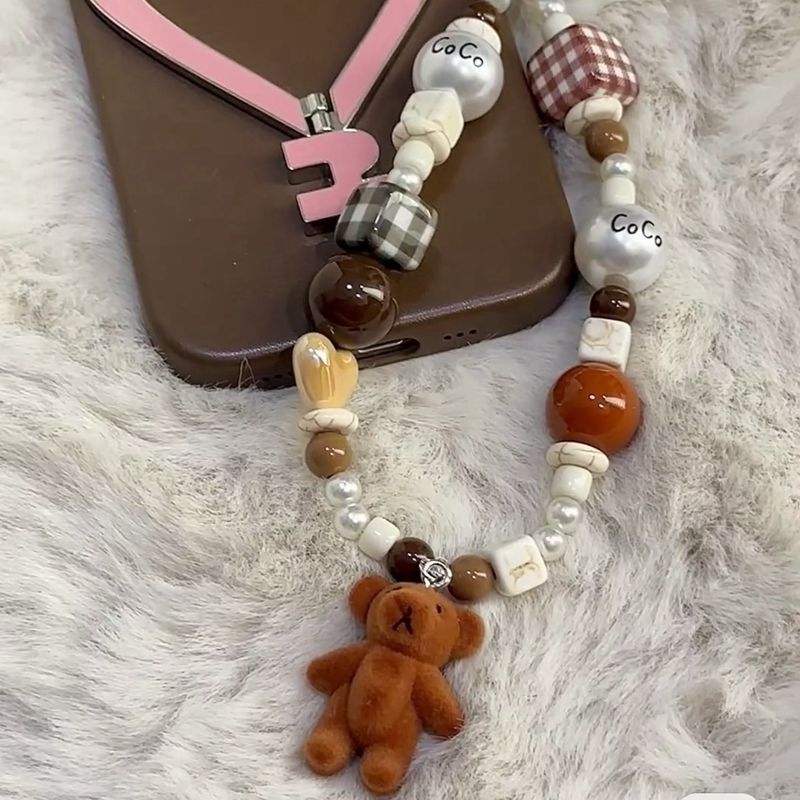 Flocked bear doll coffee color mobile phone chain beaded ccd lanyard anti-lost rope charms