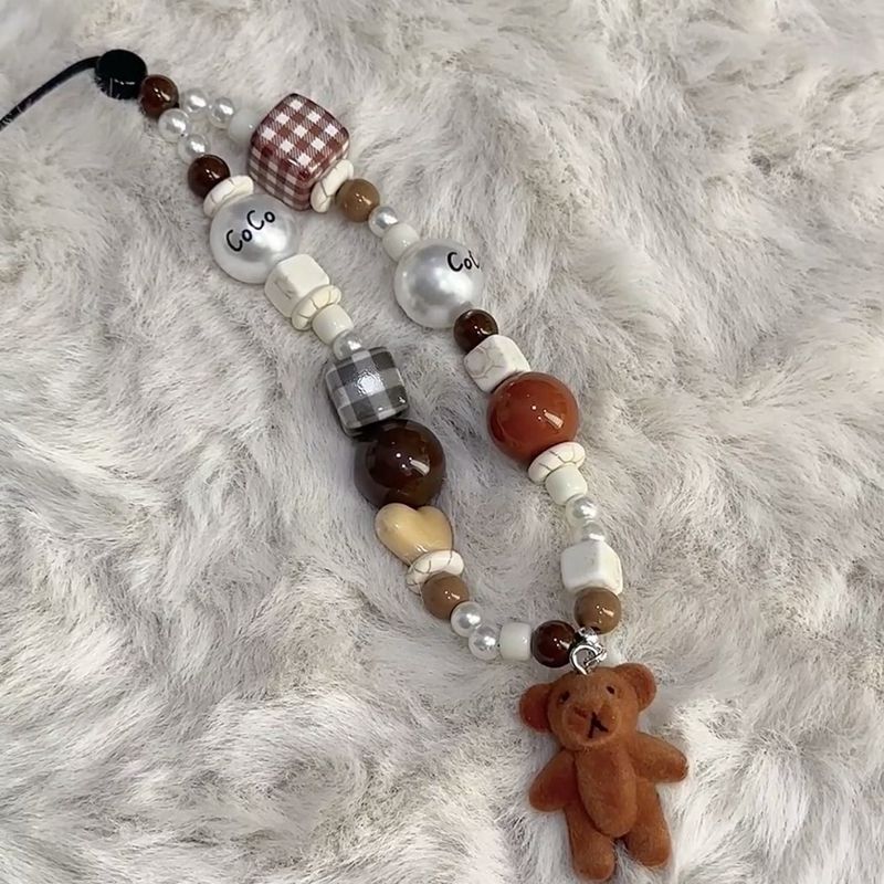 Flocked bear doll coffee color mobile phone chain beaded ccd lanyard anti-lost rope charms