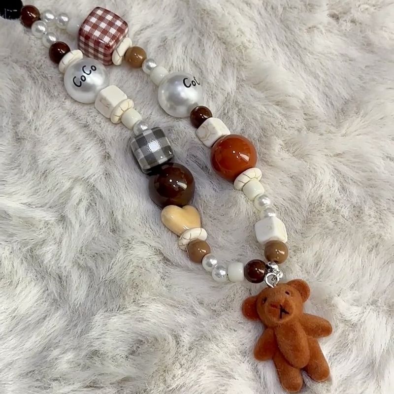 Flocked bear doll coffee color mobile phone chain beaded ccd lanyard anti-lost rope charms