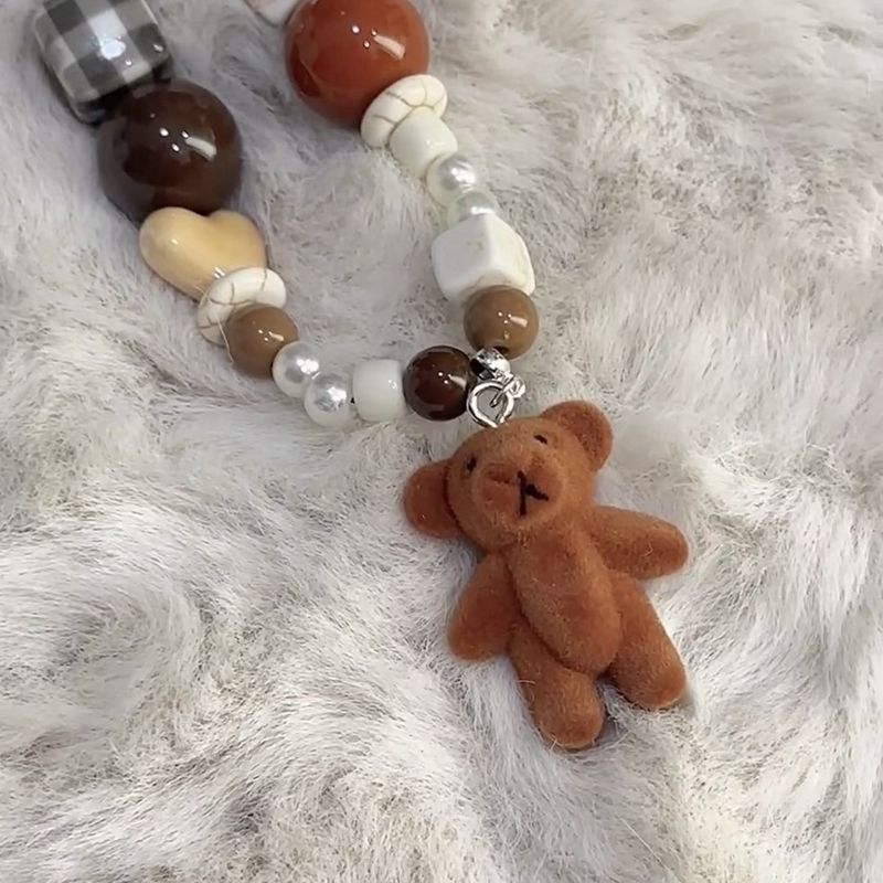 Flocked bear doll coffee color mobile phone chain beaded ccd lanyard anti-lost rope charms