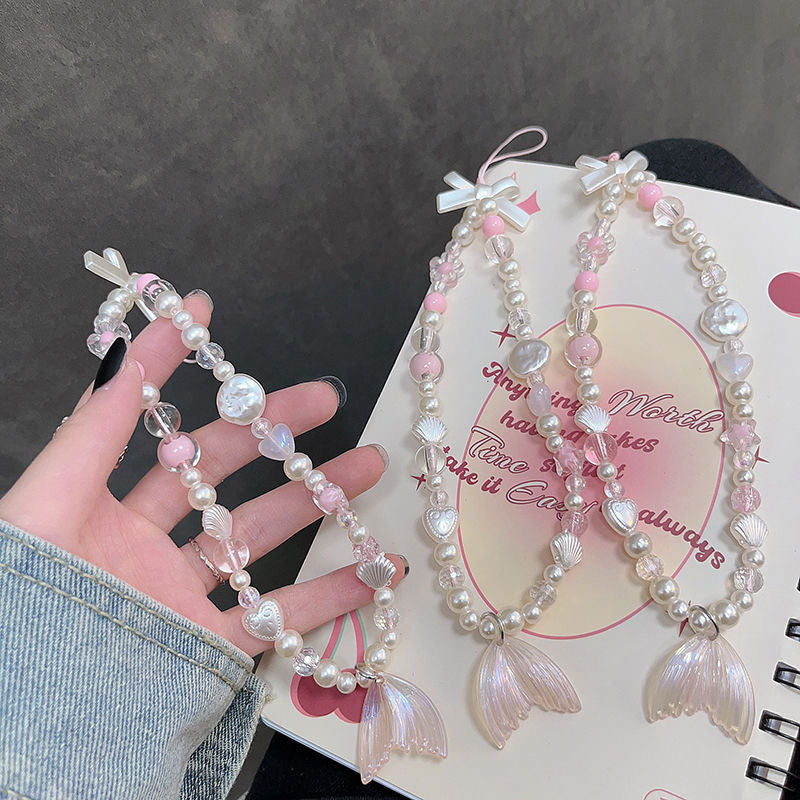 Gentle girly pink fishtail chain diy handmade charms pendant universal for all mobile phone cases ins wrist strap