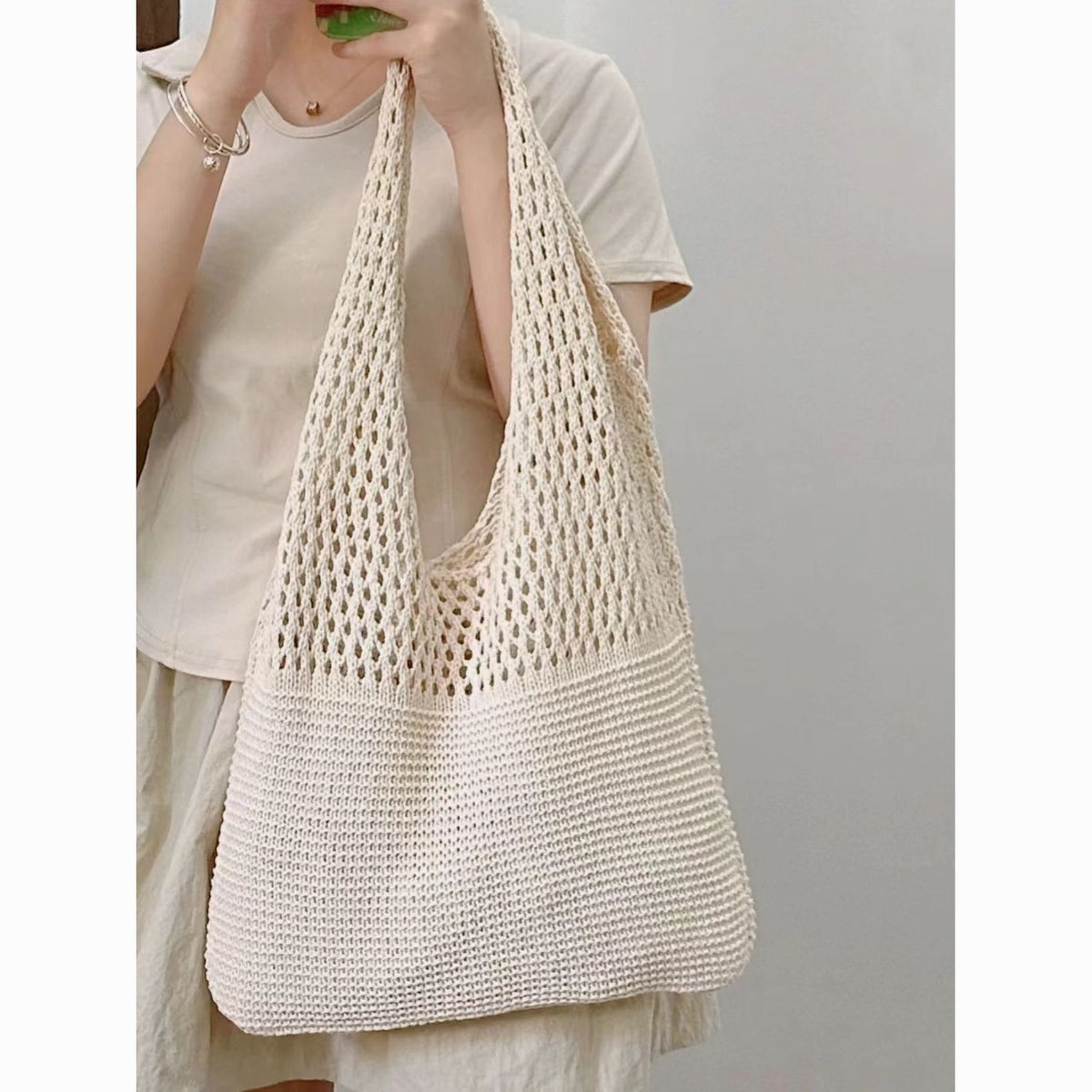 Korean style shoulder bag hollow casual large capacity women's woven bag