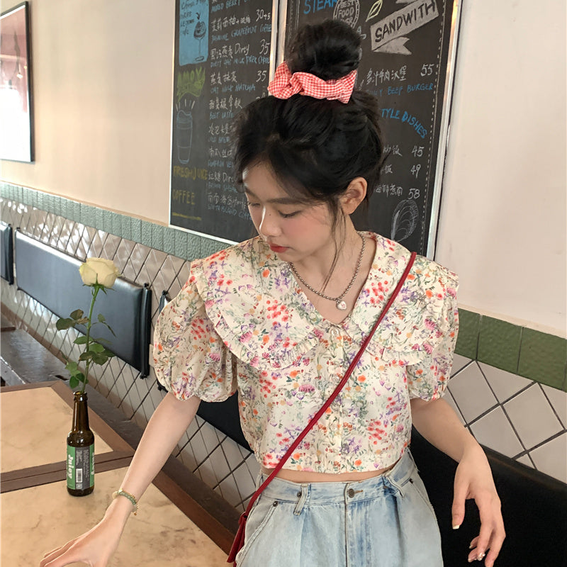 Floral Doll Collar Puff Sleeve Summer Short Style Slim and Chic Shirt Top