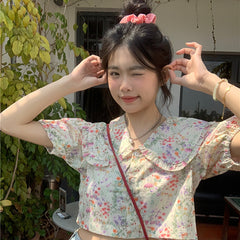 Floral Doll Collar Puff Sleeve Summer Short Style Slim and Chic Shirt Top