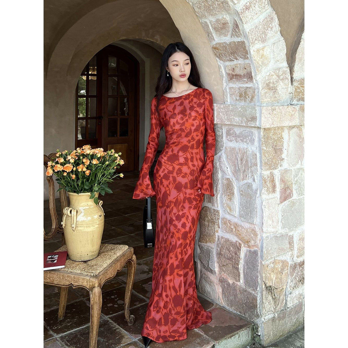 Moroccan rose printed long-sleeved slim fit holiday long dress