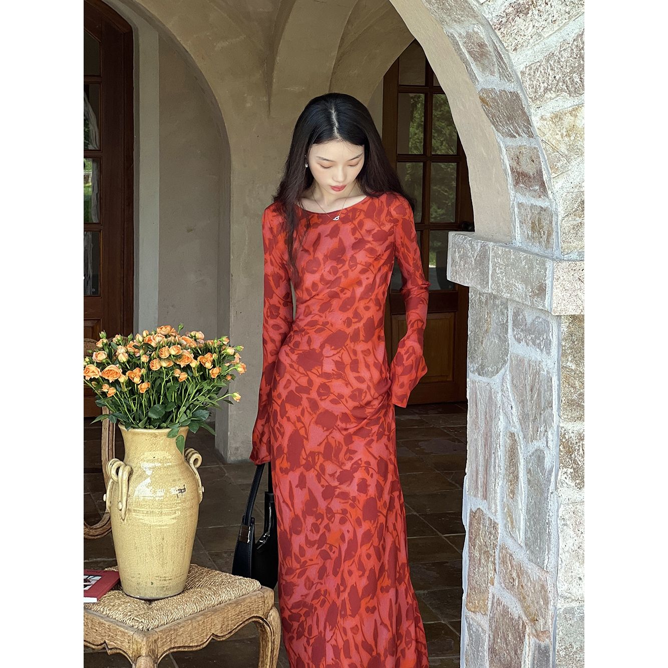 Moroccan rose printed long-sleeved slim fit holiday long dress