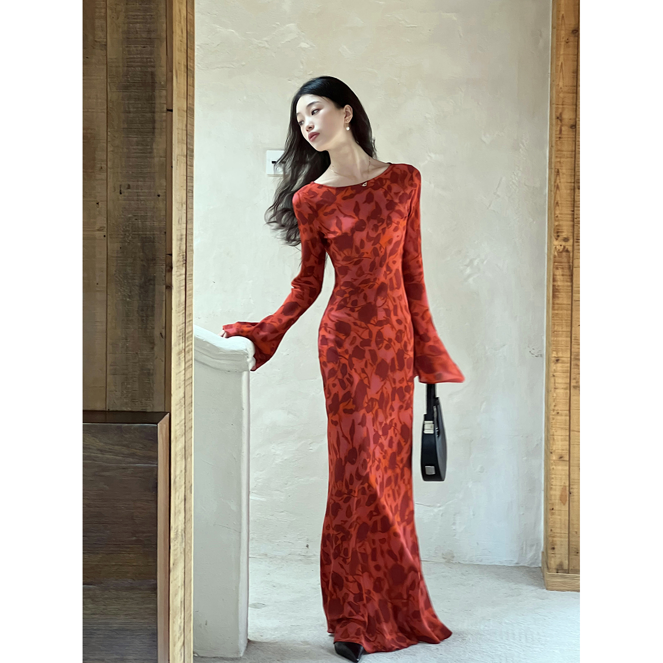 Moroccan rose printed long-sleeved slim fit holiday long dress