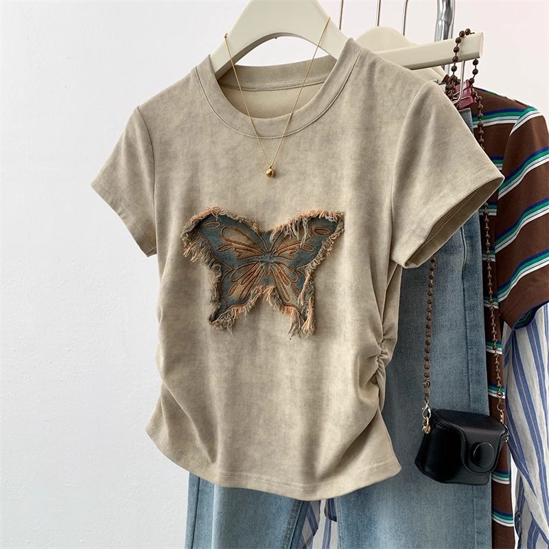 Tie-dye butterfly short-sleeved summer design slim waist fit cropped top 100% cotton T-Shirt