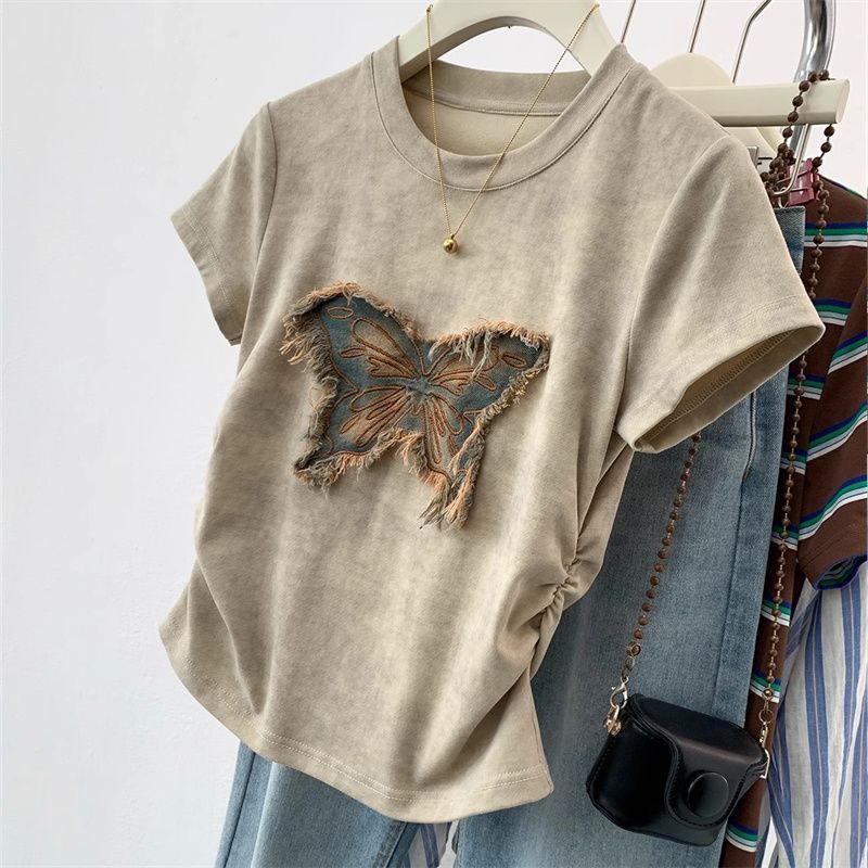 Tie-dye butterfly short-sleeved summer design slim waist fit cropped top 100% cotton T-Shirt