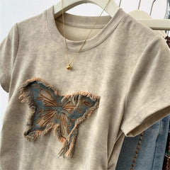 Tie-dye butterfly short-sleeved summer design slim waist fit cropped top 100% cotton T-Shirt