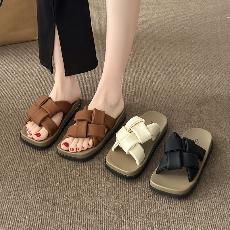 Genuine leather thick-soled beach high-end square-toe sandals woven flip-flops