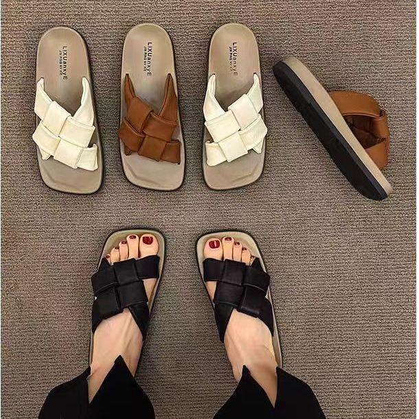 Genuine leather thick-soled beach high-end square-toe sandals woven flip-flops