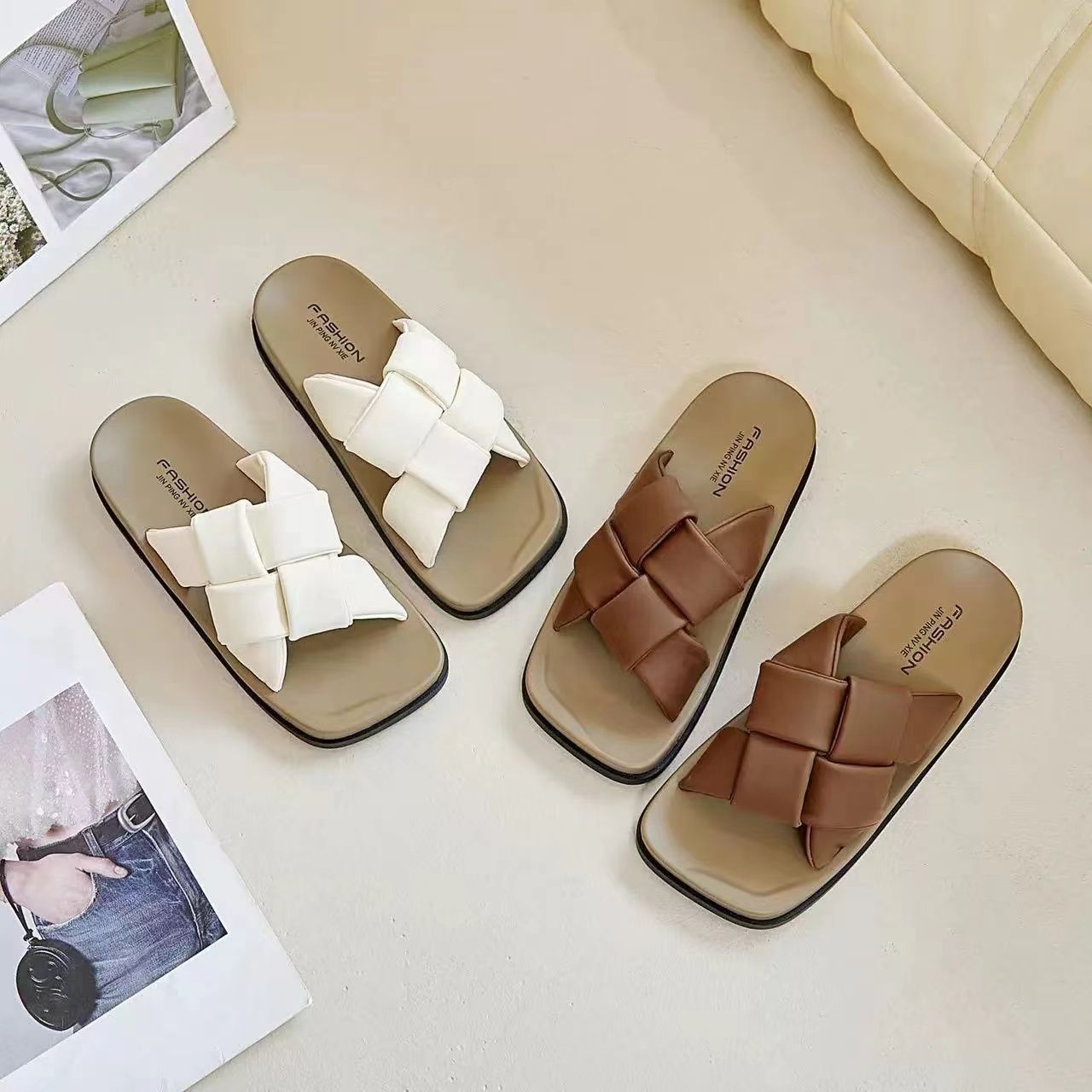 Genuine leather thick-soled beach high-end square-toe sandals woven flip-flops