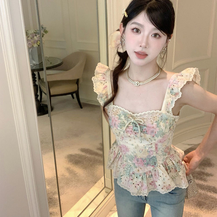 Exquisite Girly Lotus Leaf Small Flying Sleeves Slim Fit Square Neck Printed Top