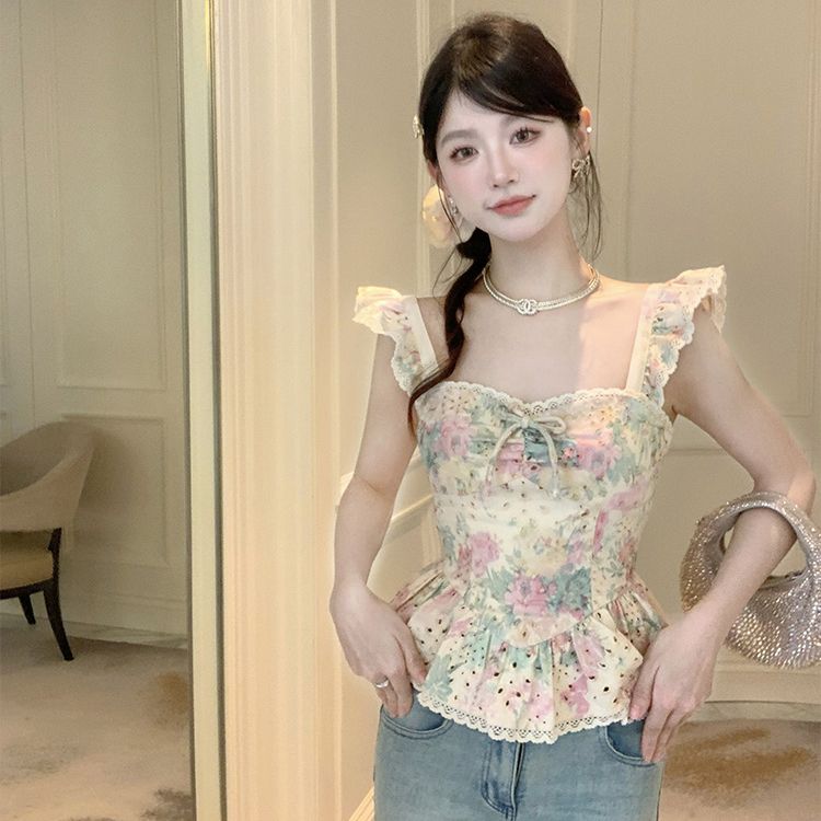 Exquisite Girly Lotus Leaf Small Flying Sleeves Slim Fit Square Neck Printed Top