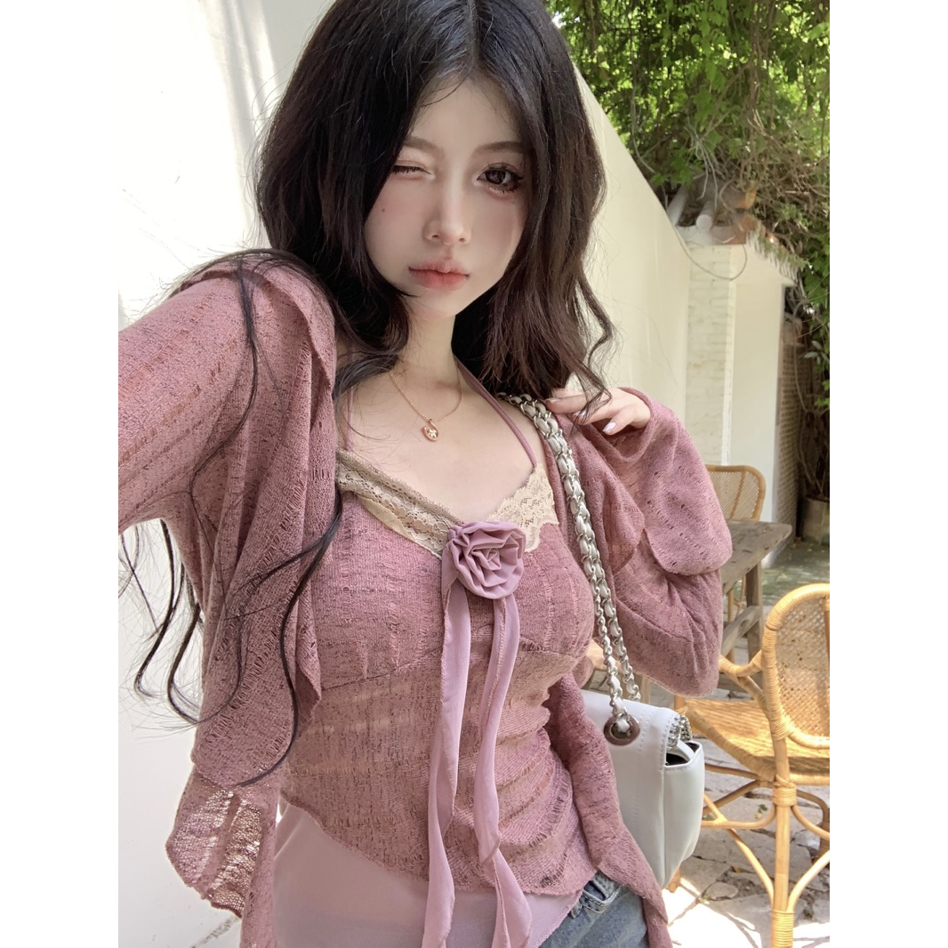 French sweet 3D rose short hollow slim fit suspender + lapel long-sleeved cardigan two piec top