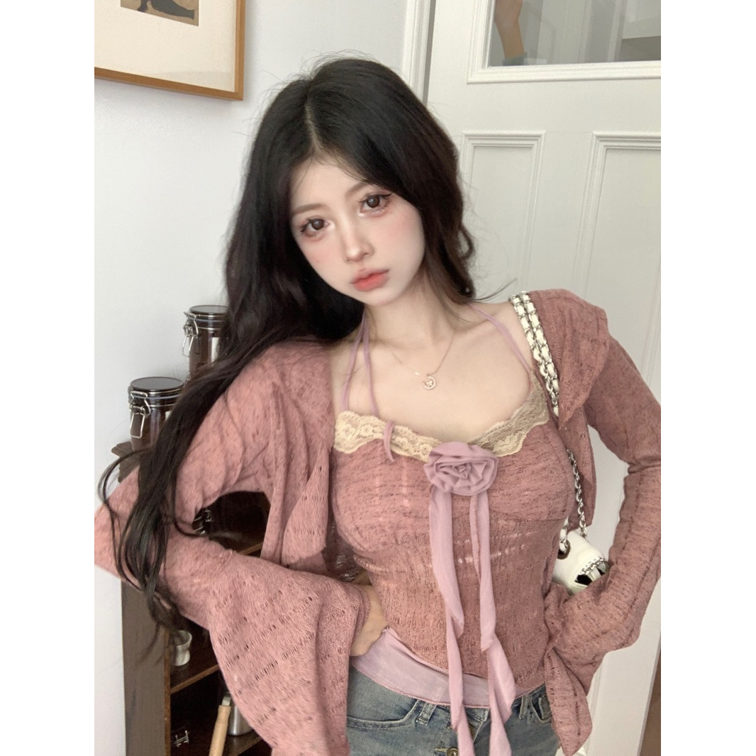 French sweet 3D rose short hollow slim fit suspender + lapel long-sleeved cardigan two piec top