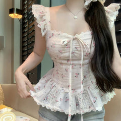 Ruffled lace-up floral small flying sleeves sweet design, slim fit lace square neck top