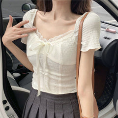 French style chic V-neck short lace women's summer slim-fitting square-neck short-sleeved top