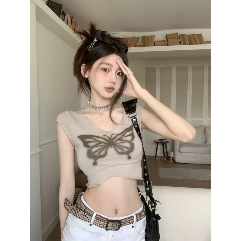 Korean hot girl short-sleeved  women's T-shirt summer butterfly print slimming cropped navel exposed style