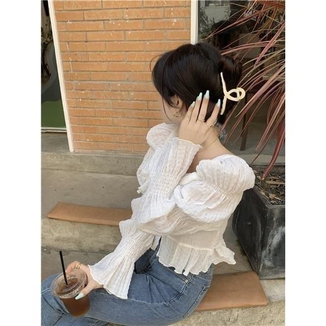 Sweet long-sleeved temperament loose ruffled square neck short shirt