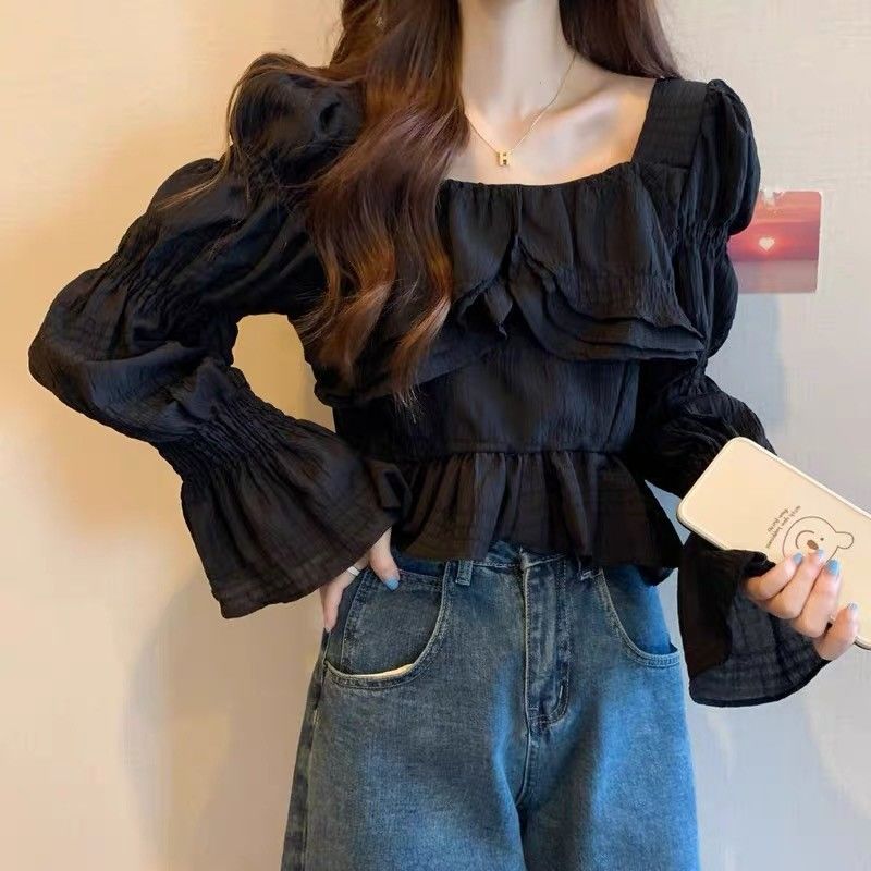 Sweet long-sleeved temperament loose ruffled square neck short shirt