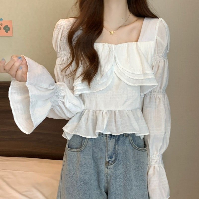 Sweet long-sleeved temperament loose ruffled square neck short shirt