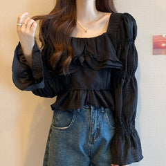 Sweet long-sleeved temperament loose ruffled square neck short shirt