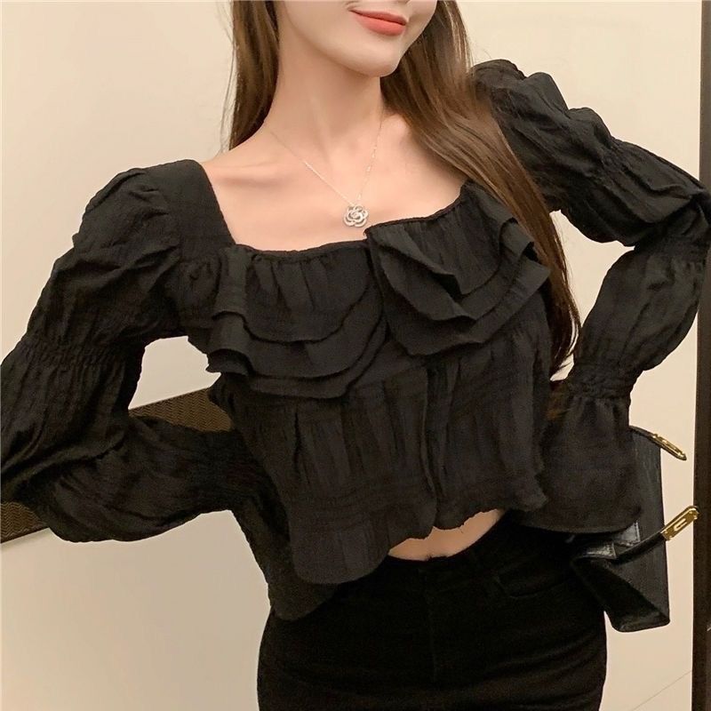 Sweet long-sleeved temperament loose ruffled square neck short shirt