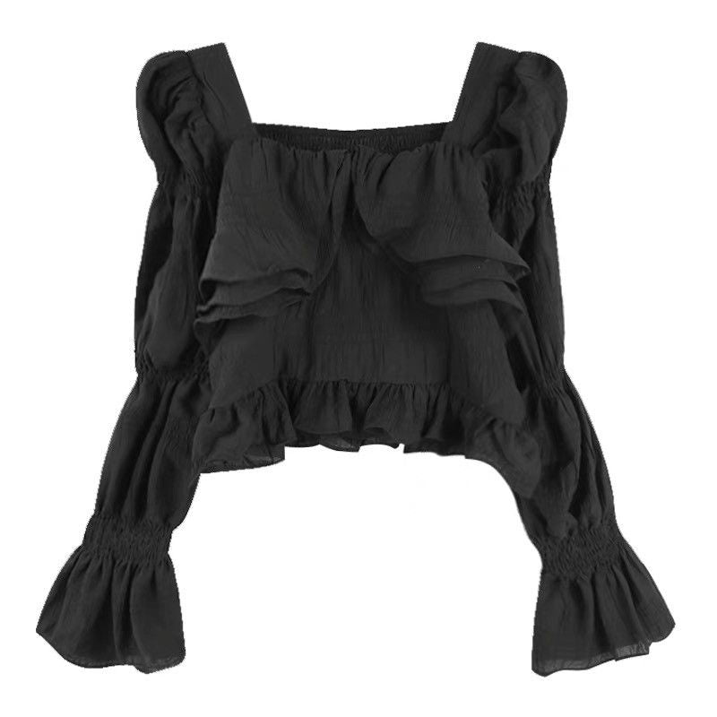 Sweet long-sleeved temperament loose ruffled square neck short shirt