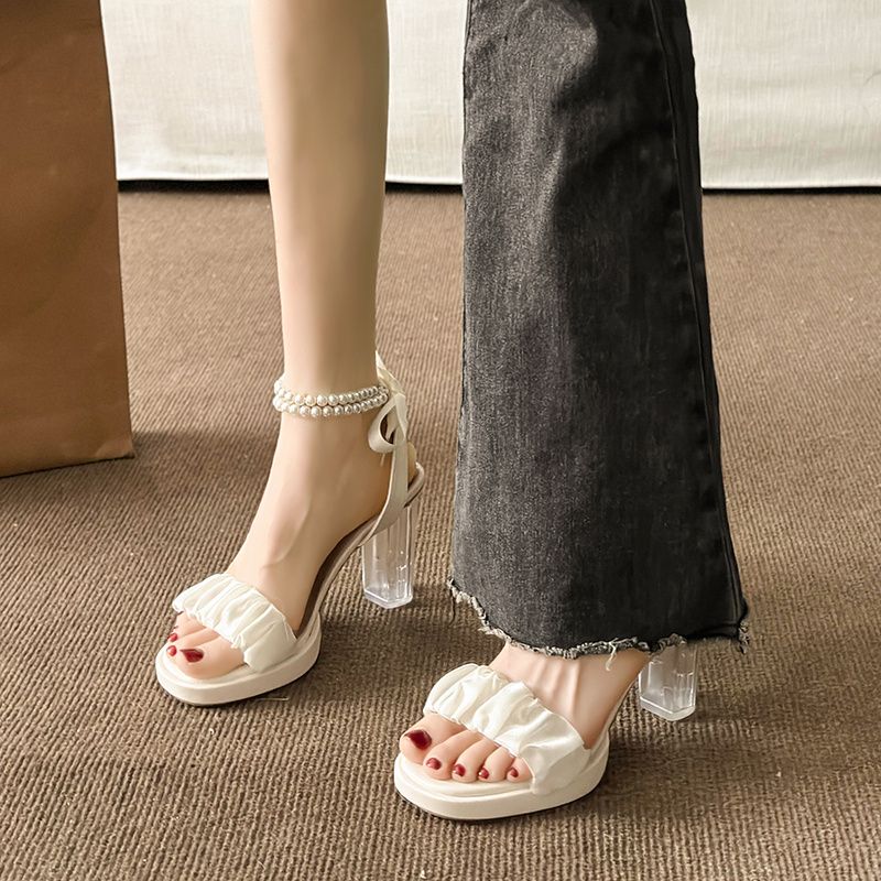 French fairy Style Thick Pearl Temperament Roman Strap High Heels