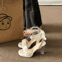 French fairy Style Thick Pearl Temperament Roman Strap High Heels