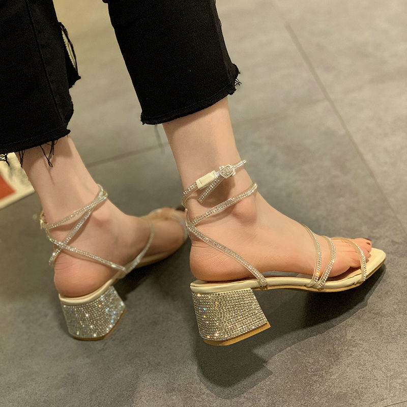 Fairy style mid-heeled rhinestone Roman style thick heels