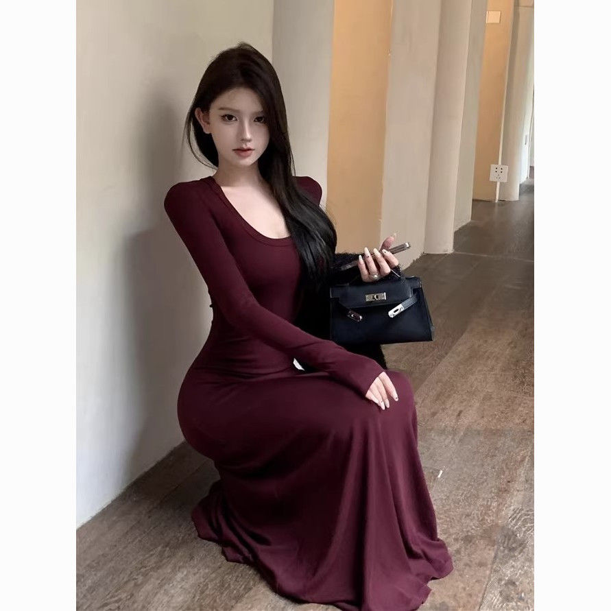 Burgundy Slim Fit Sleeve U Neck Waist Tight Draping Hip Fishtail Long dress