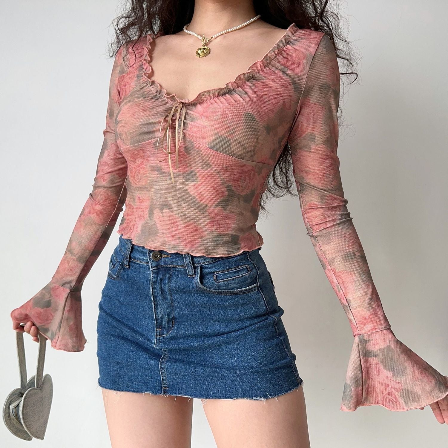 Retro printed v-neck trumpet sleeve short slim long-sleeved tops