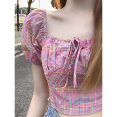 Sweet slimming square-neck plaid puff-sleeve short chic belted waist top