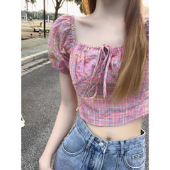 Sweet slimming square-neck plaid puff-sleeve short chic belted waist top