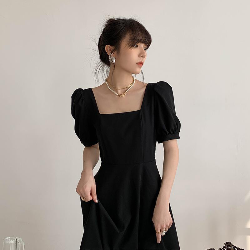 French retro temperament square neck puff sleeve waist long little black dress