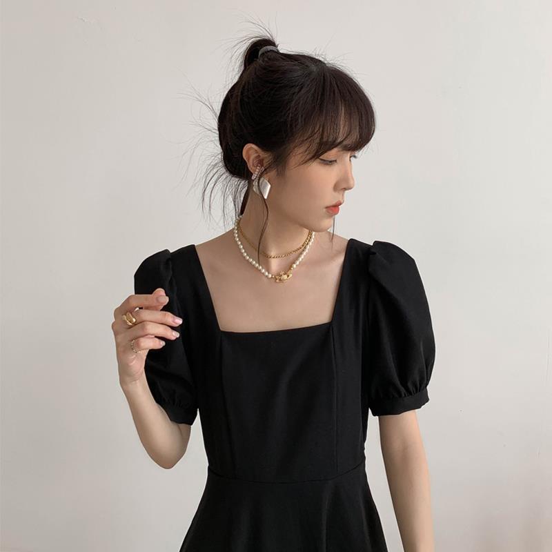 French retro temperament square neck puff sleeve waist long little black dress