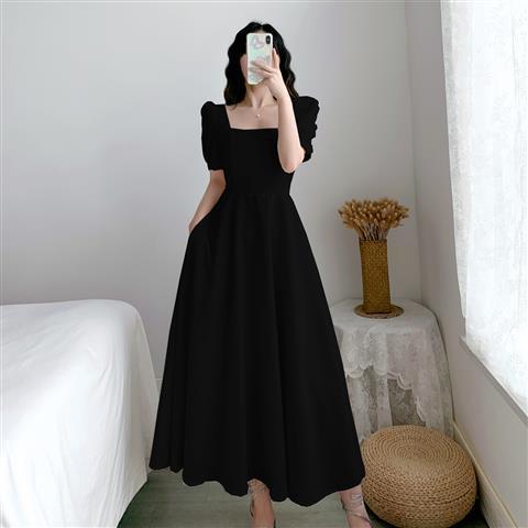 White Hepburn light mature style dress with puff sleeves square neck, waist, slimming temperament, over-the-knee long dress