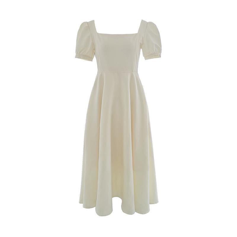 White Hepburn light mature style dress with puff sleeves square neck, waist, slimming temperament, over-the-knee long dress