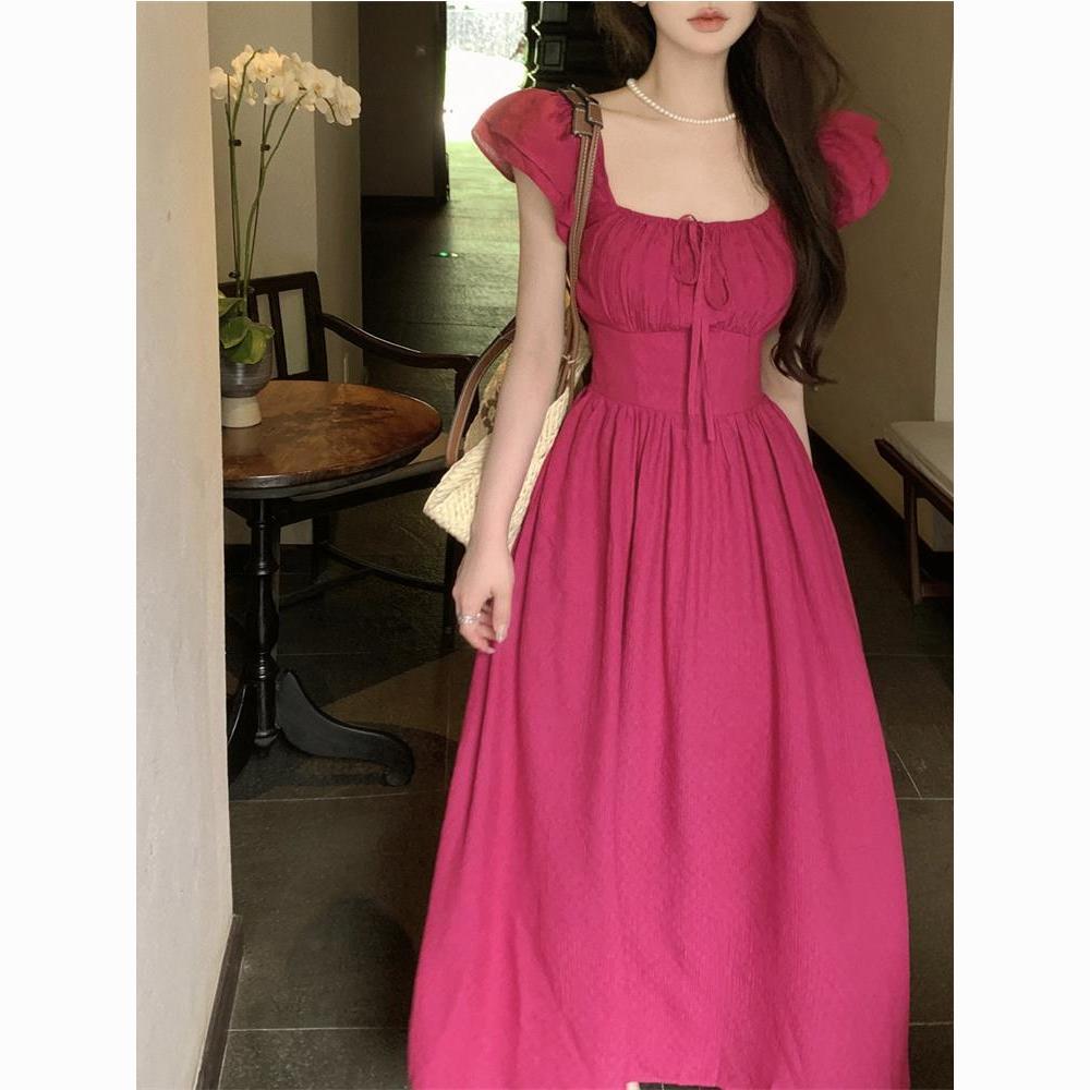 French square collar retro small flying sleeves rose red dress  slimming long dress