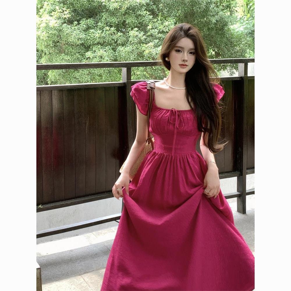 French square collar retro small flying sleeves rose red dress  slimming long dress