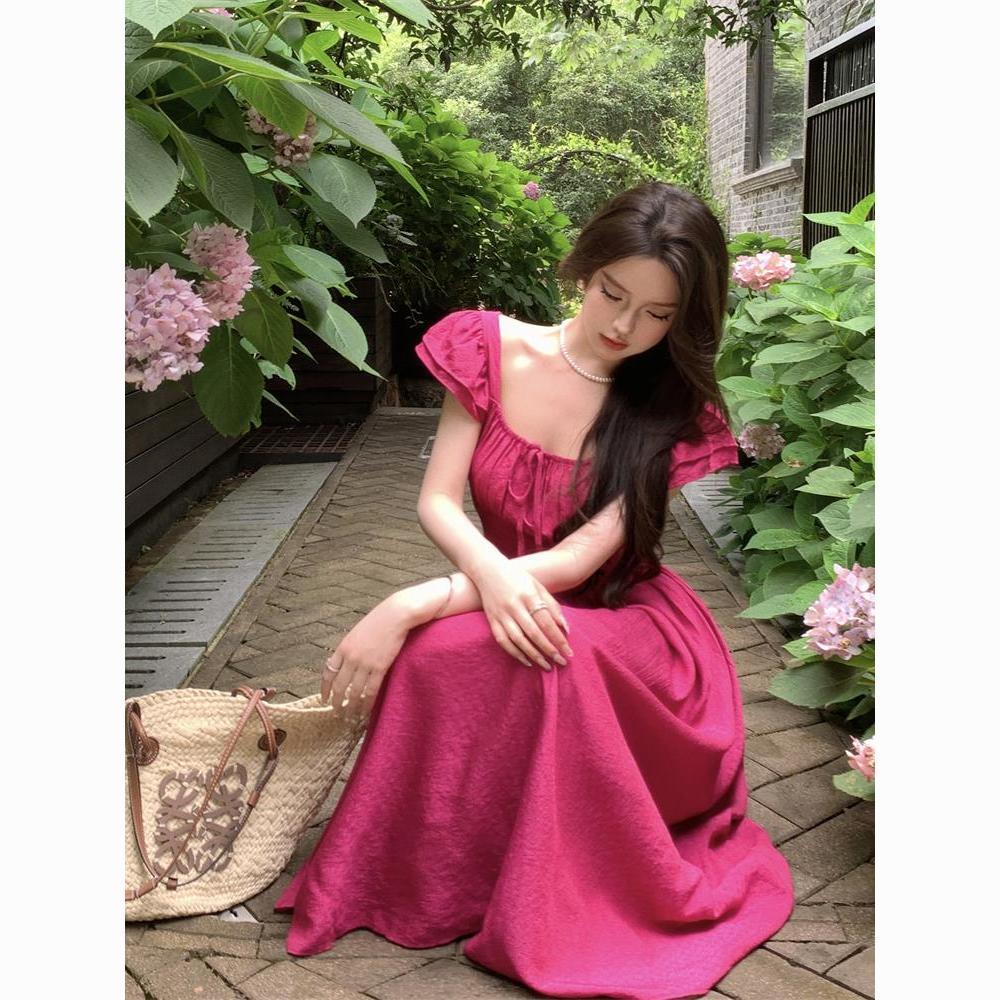 French square collar retro small flying sleeves rose red dress  slimming long dress