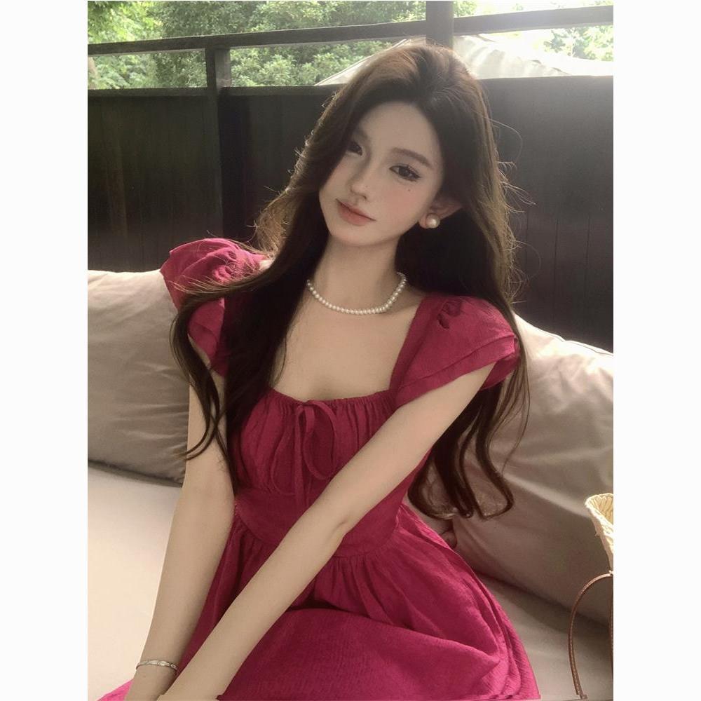 French square collar retro small flying sleeves rose red dress  slimming long dress