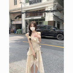 French Tea Break Irregular Ruffled Strap Floral Dress Seaside Resort Style Long dress