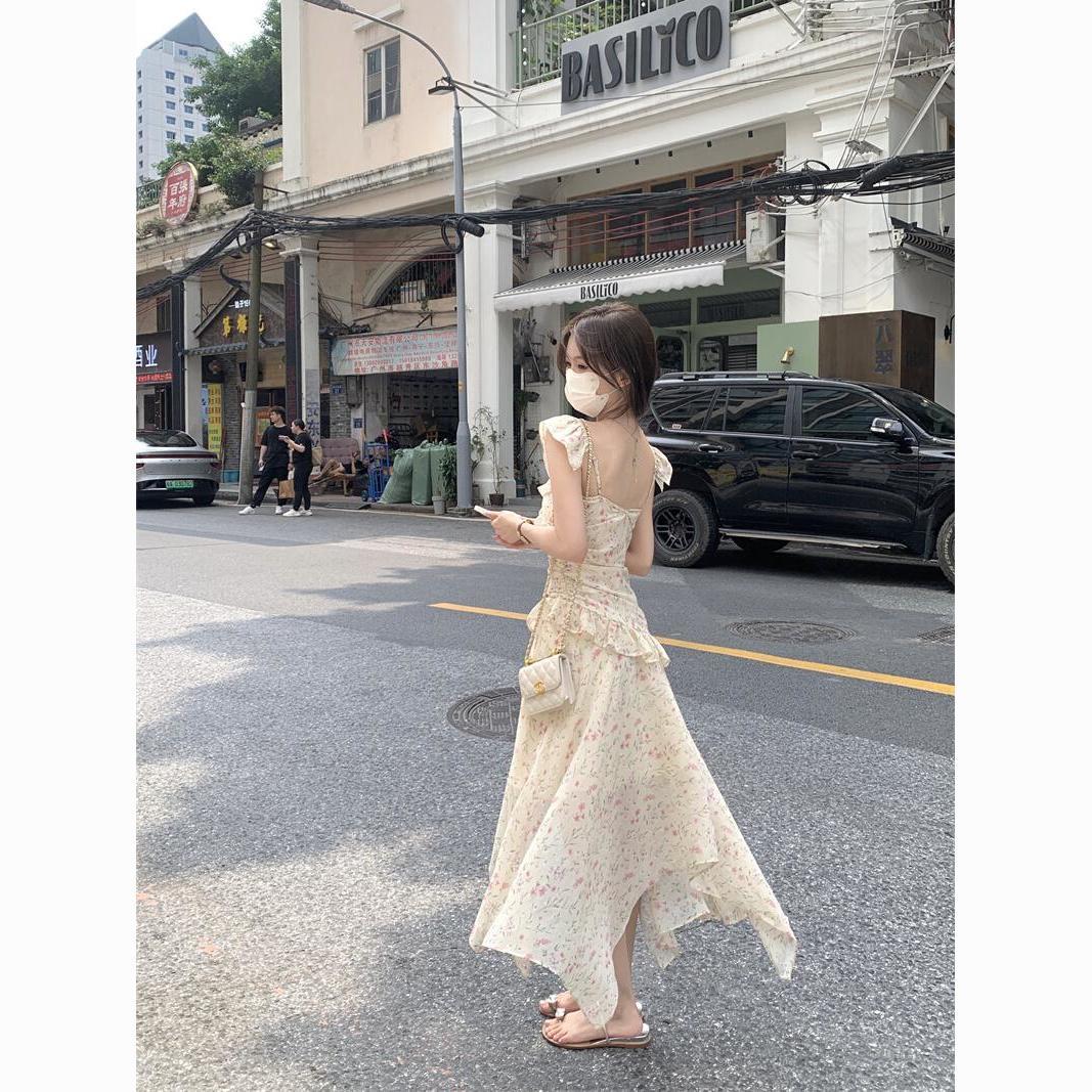 French Tea Break Irregular Ruffled Strap Floral Dress Seaside Resort Style Long dress