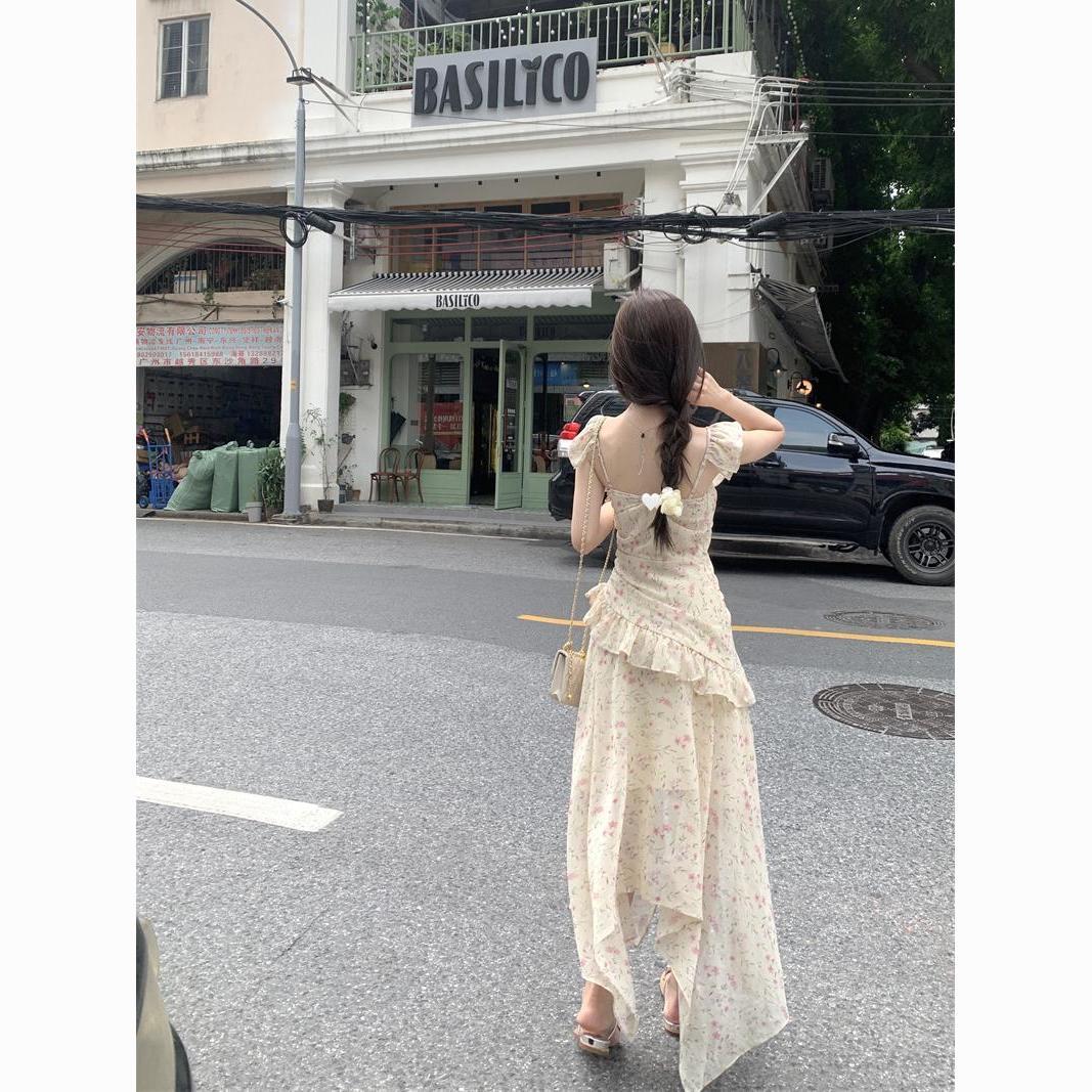 French Tea Break Irregular Ruffled Strap Floral Dress Seaside Resort Style Long dress